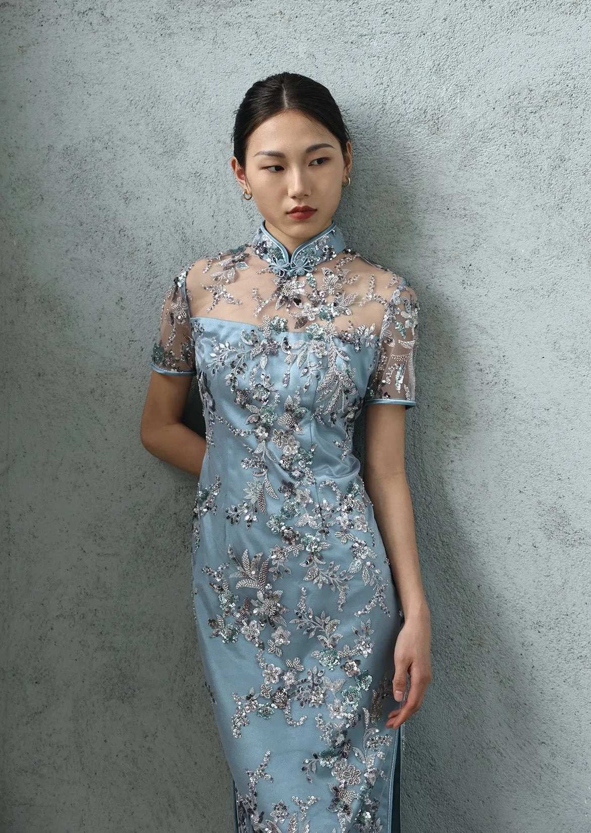 Hydrangea Short Sleeves Sequins Qipao (Teal)